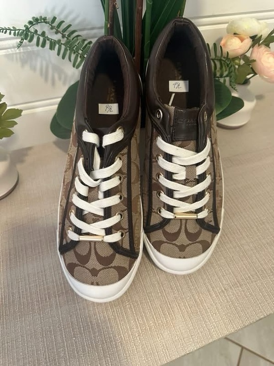 Coach Shoes - Coach Brown Signature Canvas High-Top Sneakers with White Laces